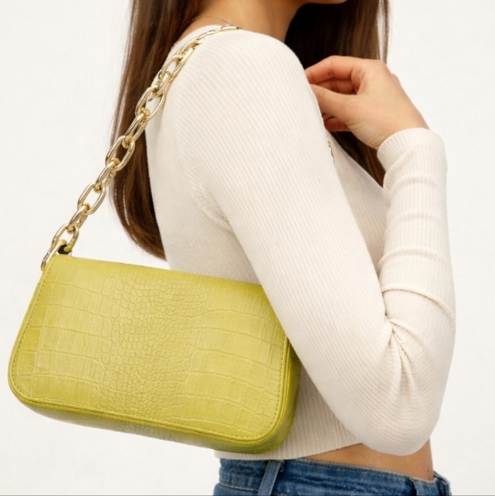 Zara | Yellow Green Croc Embossed Bag Gold Chain Handle - Picture 6 of 8